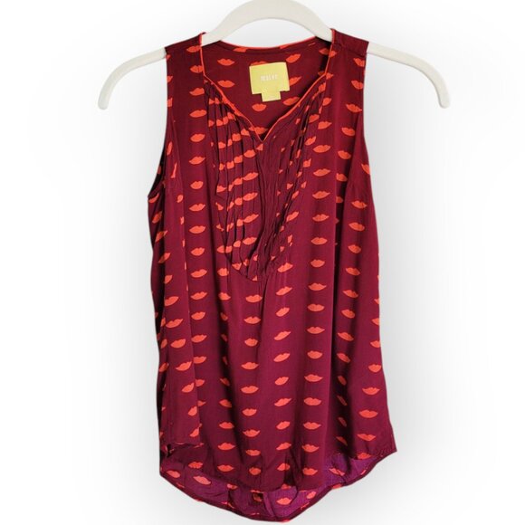Anthropologie Maeve Red Lip Print Tank Top Womens Size 0 Sleeveless Rayon - Picture 3 of 10